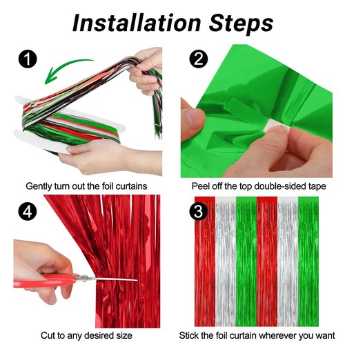 2 Pack Christmas Backdrop, 3.28 FT x 7.05 FT Red Silver Green Party Streamer, Metallic Xmas Backdrop Fringe Curtains Foil Tinsel, Christmas Decorations Wall Decor Photo Booth Props