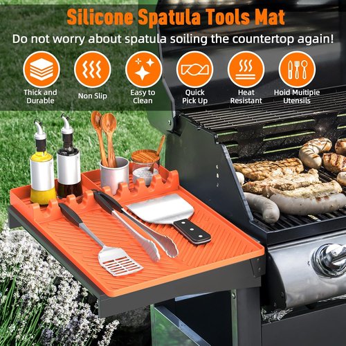 Blackstone Silicone Grill Mat - BBQ Griddle Tool with Drip Pad & Spatula Mat | Outdoor Kitchen Essential (Orange)