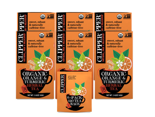 Clipper Tea, Orange & Turmeric, Organic with Licorice Root, Orange Peel and Hibiscus, Plant Based Herbal, Caffeine Free British, 6 Pack, 120 Unbleached Bags