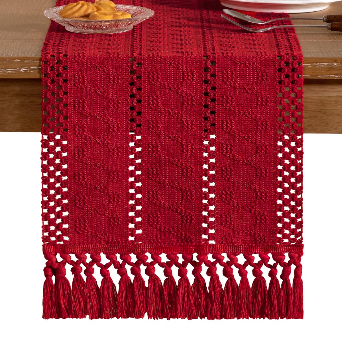 Socomi Boho Table Runner Easter Spring Farmhouse Rustic Dining Kitchen Centerpiece Decor Small Macrame Woven Cotton Linen Coffee Table Runner for Dresser Scarf Home Decor 12x36 in Red