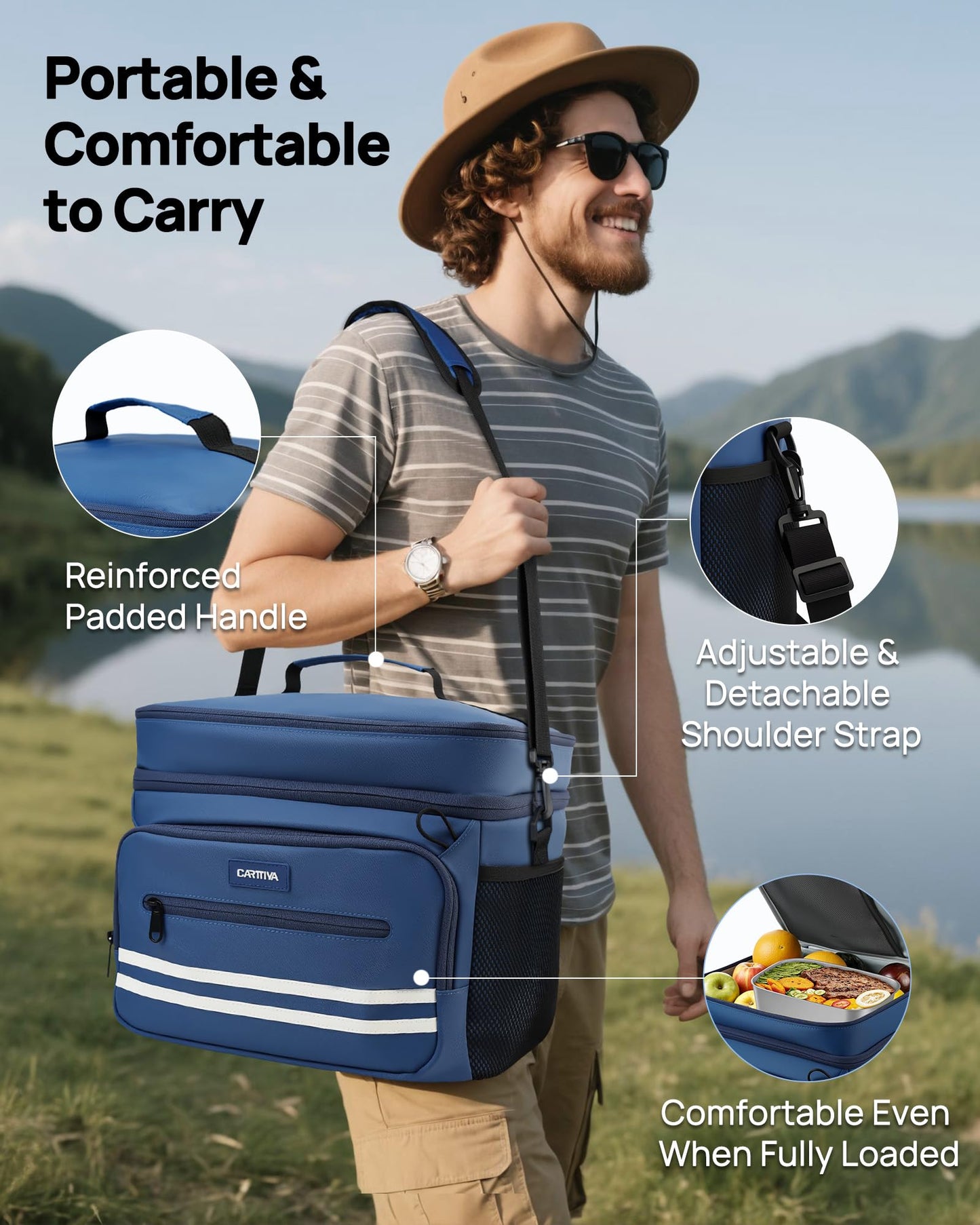 Carttiya Large Lunch Box Men & Women - Big Lunch Box, lunch cooler for men work 26L, Adjustable Strap (Blue)