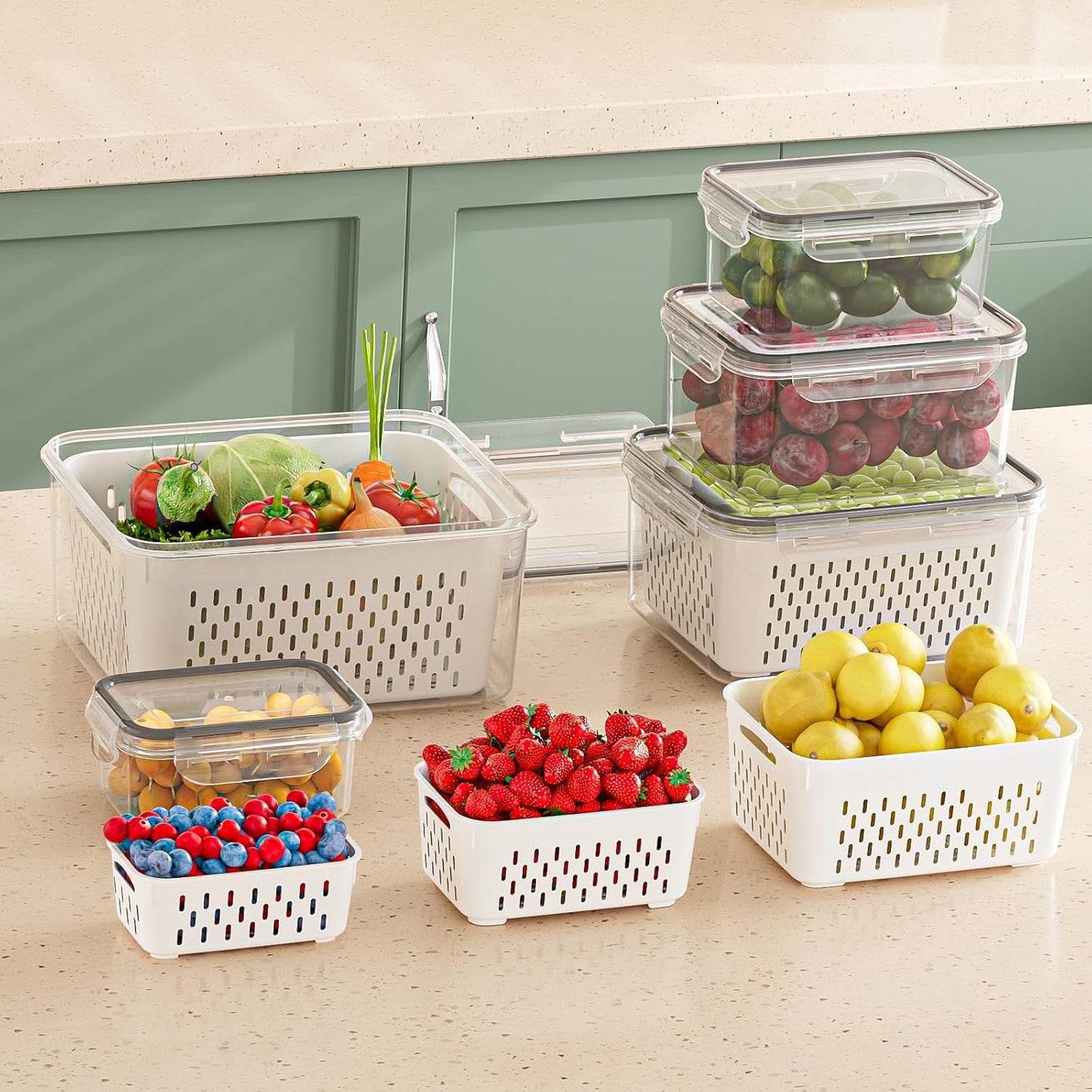 KEMETHY Fruit Storage Containers - 5 Pack BPA-Free with Removable Colanders | Keep Produce Fresh Longer