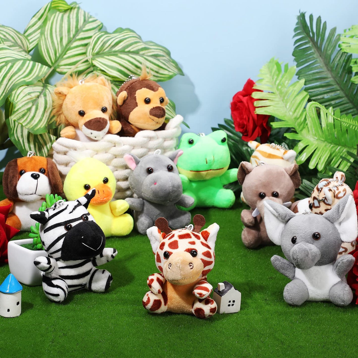 Skylety 12pcs Mini Safari Stuff Animal 3.9 Inch Cute Jungle Stuffed Animal Lion Rabbit Owl Hedgehog Monkey Tiger Zebra Elephant Leopard Hippopotamus Rhinoceros for Easter