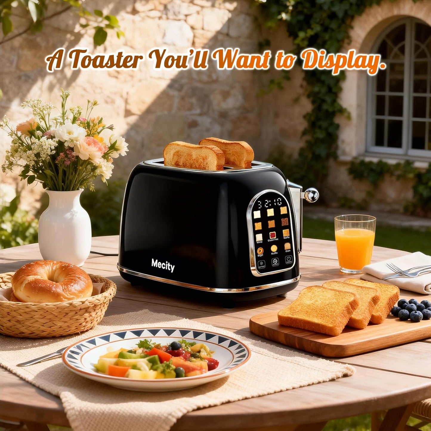 Mecity 2-Slice Toaster - Touch Screen Retro Design for Bagels & Muffins | Jet Black, 120V 825W
