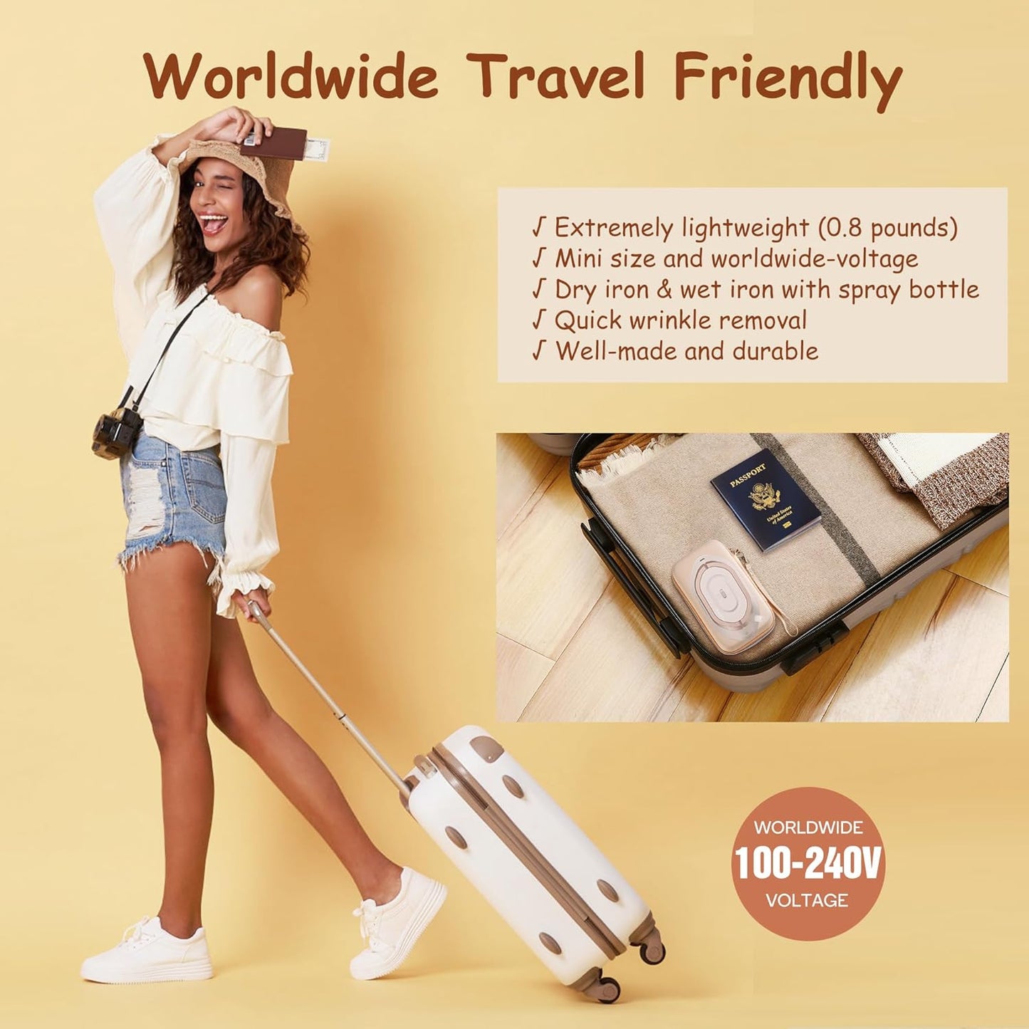 Newbealer Travel Iron - Mini Dry Iron with Global Voltage, 300W, Non-Stick Ceramic Soleplate, Gold