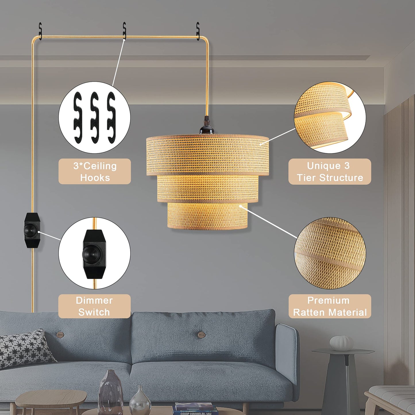 Mateyrie Plug in Pendant Light, Hanging Lamp with Dimmable Switch, Rattan Pendant Light Fixtures with 15 Ft Cord, Boho Lamp with Yellow Lamp Shade for Bedroom, Kitchen, Living Room