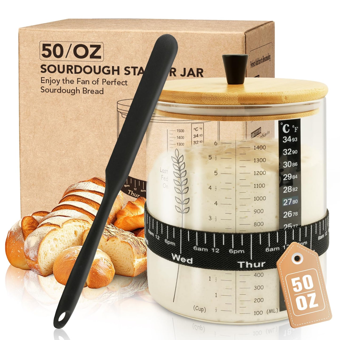 Rakovar 50oz Sourdough Starter Jar, Wide Mouth Sourdough Jar, Large Capacity Sourdough Bread Starter Kit with Lid, Band, Date Tracker, Temp, Sourdough Starter Kit for Sour Dough (1 Pack)