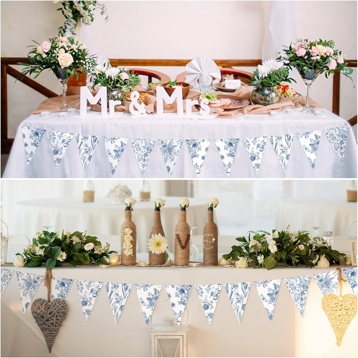Skiennix Vintage Floral Paper Pennant Garland - 5 Pieces Blue & White Triangle Banner for Weddings & Showers