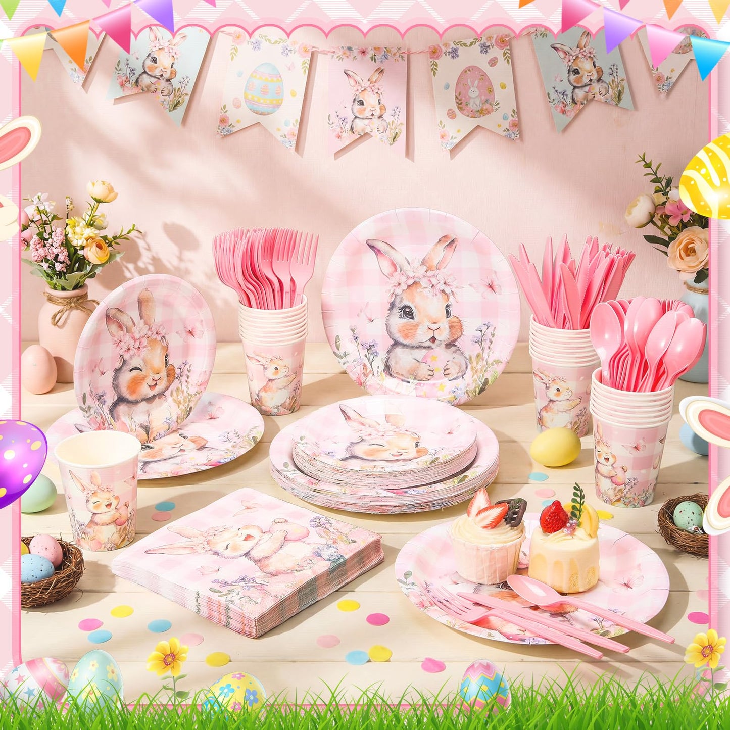 Honeydak 210 Pcs Pink Bunny Party Supplies for 30 Guests, Includes Spring Rabbit Plates, Cups, Napkins, Cutlery - Cute Pink Bunny Tableware Decoration for Baby Shower Easter Party