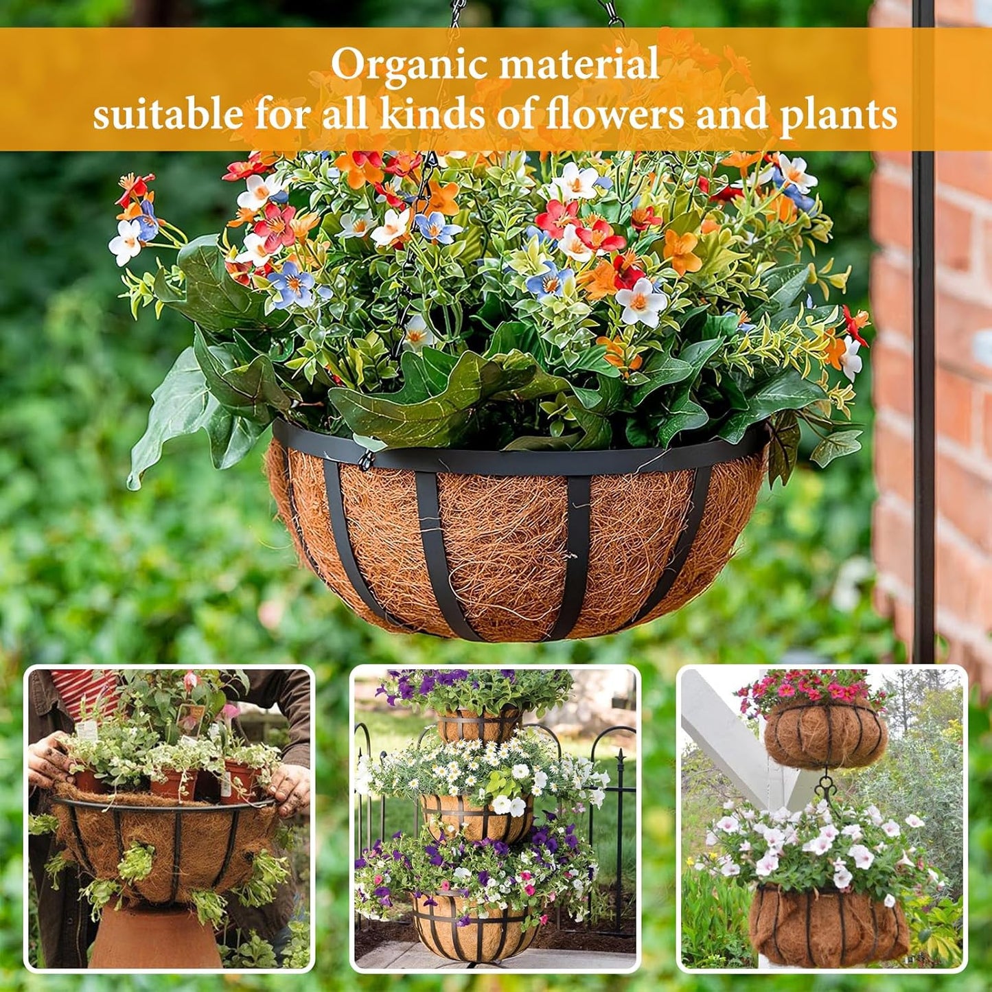 Legigo 8-Inch Coco Fiber Hanging Basket Liners - 4 Pack of 100% Natural Round Planter Inserts
