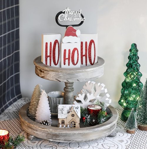 Ho Wood Christmas Blocks - Festive Wooden Tabletop Signs for Holiday Decor | Set of 4 (White)