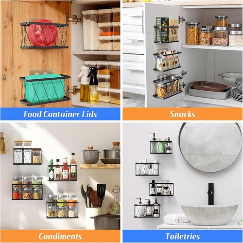 BasicForm Metal Kitchen Cabinet Door Organizer - 4 Pack Adhesive Storage for Tupperware Lids | Black