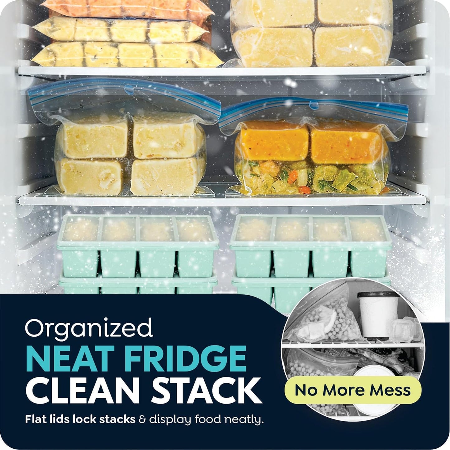 Skiennix Silicone Freezer Trays - Leakproof 1-Cup Ice Cube Containers, BPA Free, 2 Pack for Meal Prep & Leftovers