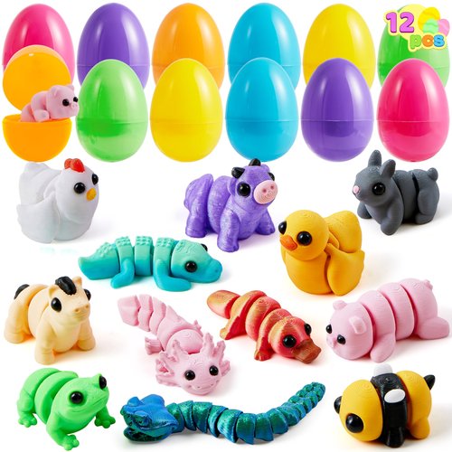 JOYIN 12Pcs Prefilled Easter Eggs with 3D Mini Animals, Magic Toy, Easter Basket Stuffers for Boys & Girls, Easter Theme Party Favors, Easter Egg Hunt, Classroom Prize Supplies(Age 8+)