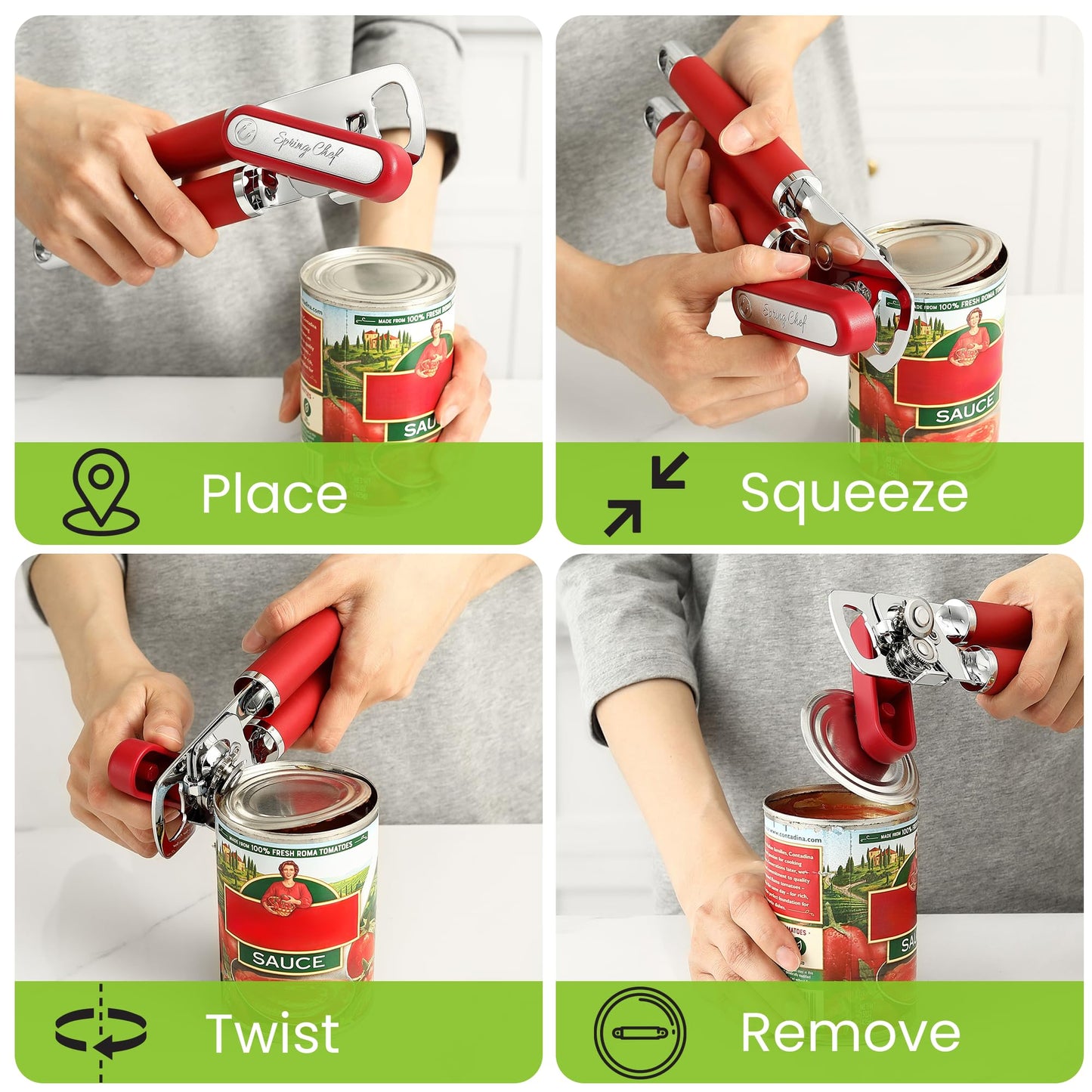Spring Chef Stainless Steel Can Opener - Manual with Soft Grip Handles, Easy Turn, Heavy Duty Hand Can Opener for Seniors with Smooth Edge - Red