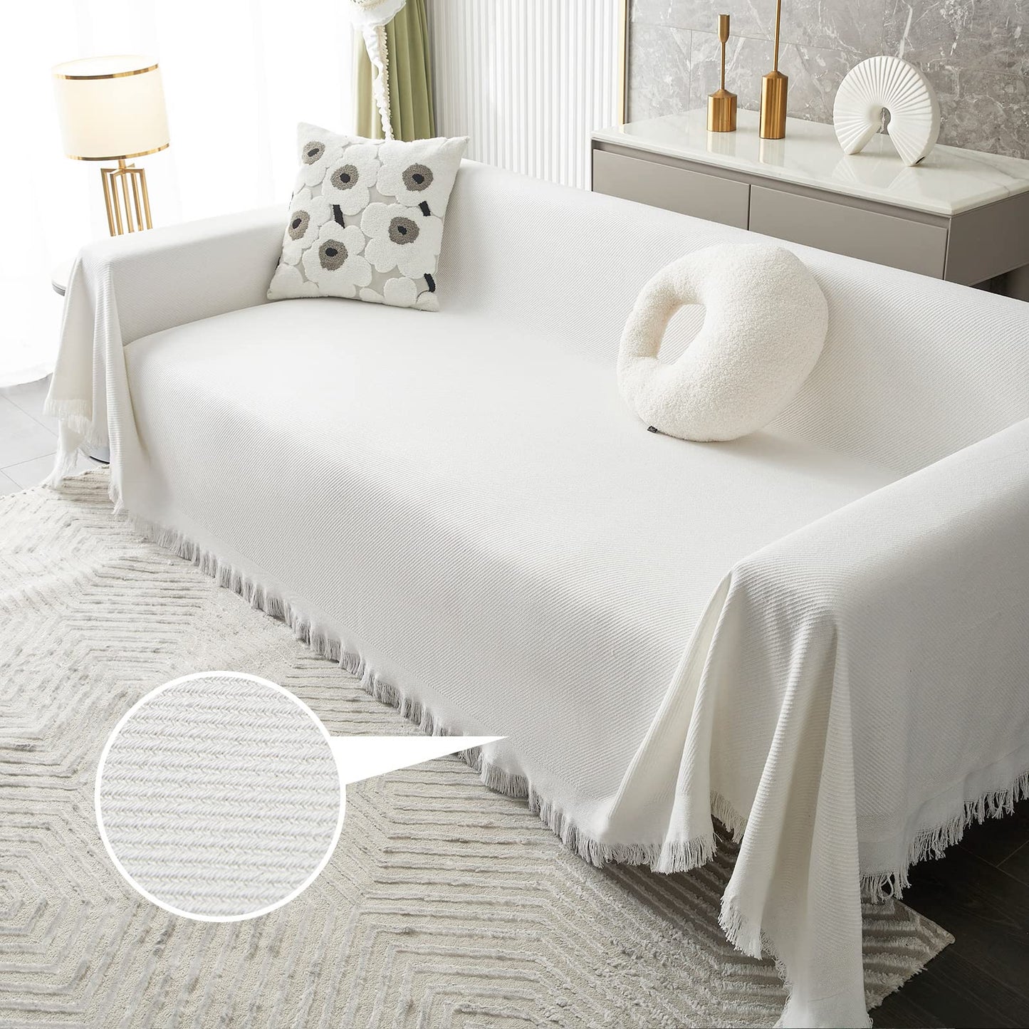 MYSKY HOME White Couch Cover for Sectional Sofa Covers for 3 Cushion Couch Sofa Protector Geometrical Sofa Slipcovers Washable Thick Fabric Blanket for Dogs, Pets (XX-Large, 91" x 134", White)
