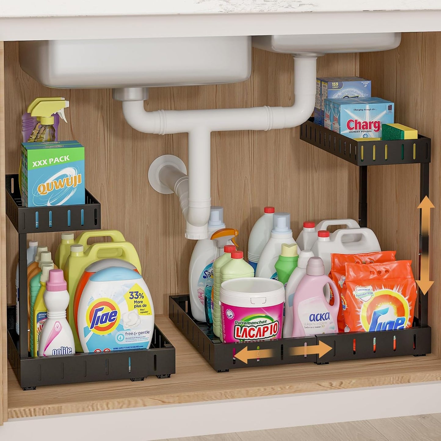 REALINN Under Sink Organizer - Adjustable 2-Tier Pull-Out Storage for Kitchen & Bathroom - Black, 2 Pack