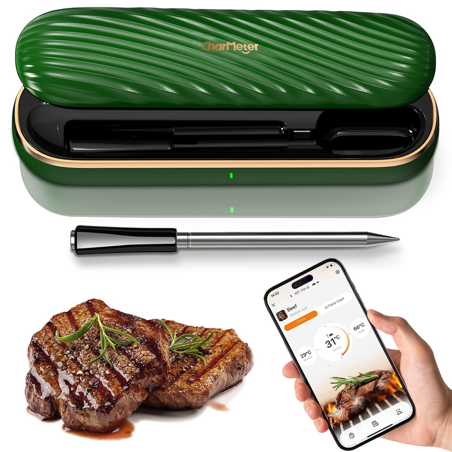 Meat Thermometer Digital Wireless, Bluetooth Smart Meat Thermometer with APP 500FT Remote for Grilling and Smoker,Portable Cooking Temperature Probe for Oven, Outside Grill and BBQ | IP67 Waterproof