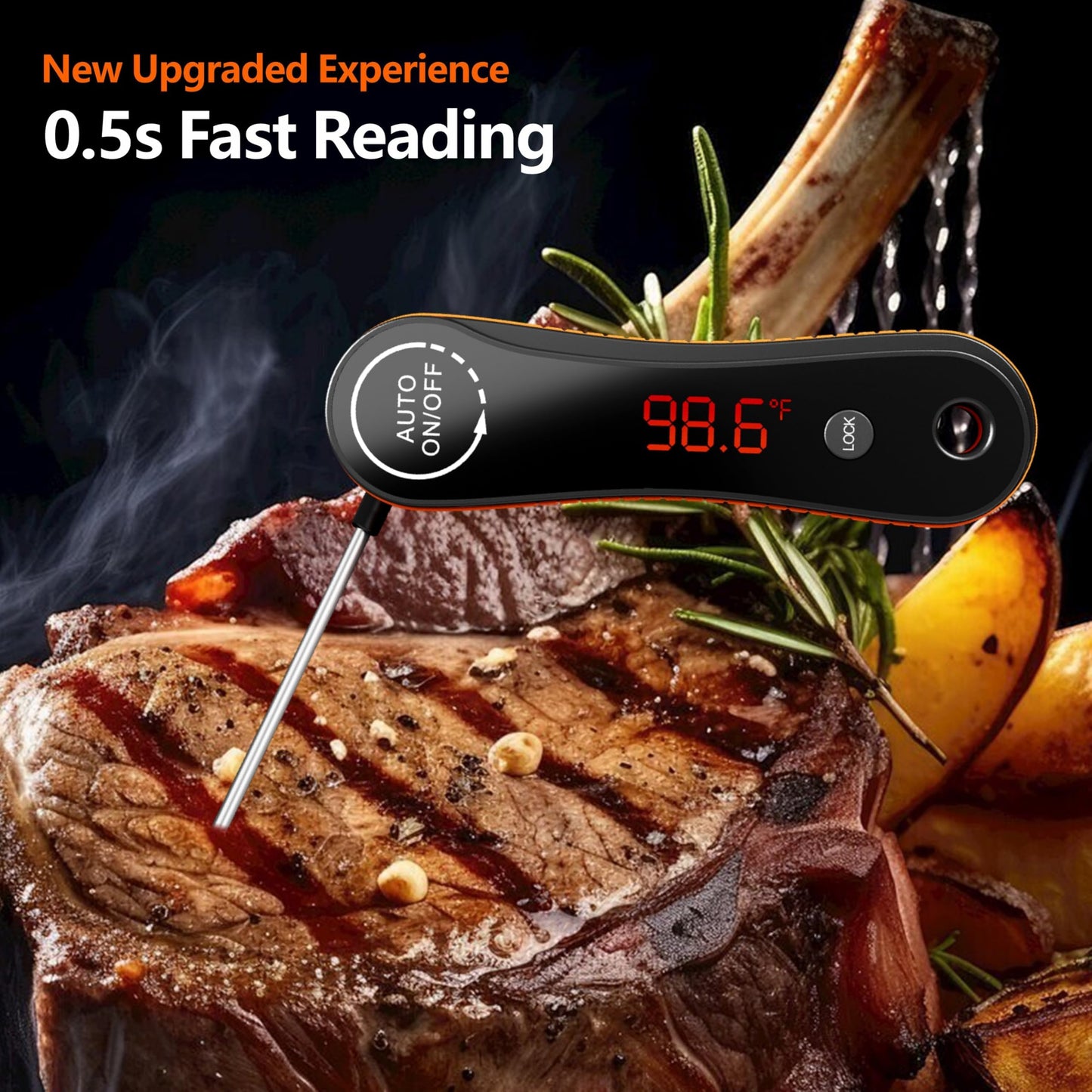 0.5s Instant Read Digital Meat Thermometer, Paysean ±0.5℉ with Auto-Rotating Backlit Display, IP67 Waterproof and Calibration for Cooking, Candy, Grilling, BBQ, Liquid, Smoker, Beef