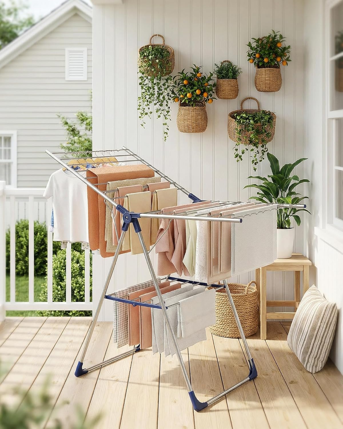 Sakugi Clothes Drying Rack - Height-Adjustable Metal Laundry Dryer Stand for Indoor & Outdoor Use | 55.5" L × 22.8" W, Silver Blue