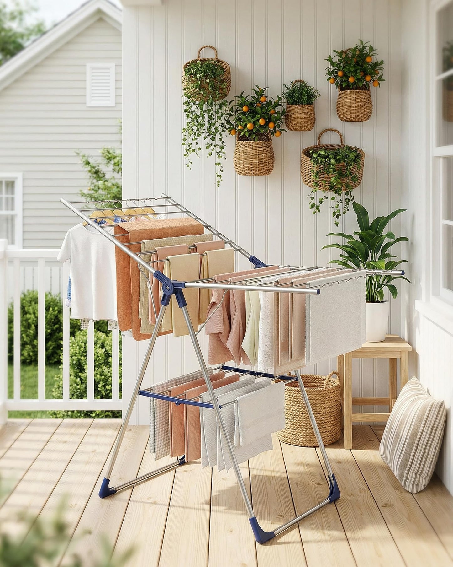 Sakugi Clothes Drying Rack with Height-Adjustable Wings, Metal Foldable Laundry Dryer Stand for Clothing & Bedding, Free-Standing Collapsible for Indoor & Outdoor Use, 55.5" L × 22.8" W, Silver Blue