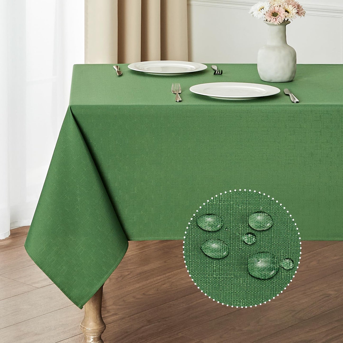 Veblandy 2 Pack Rectangle Tablecloth, 60x84 inch, Water Resistant Wrinkle Free Linen Textured Table Cloth Washable, Decorative Fabric Table Cover for Dining, Party and Camping, Green