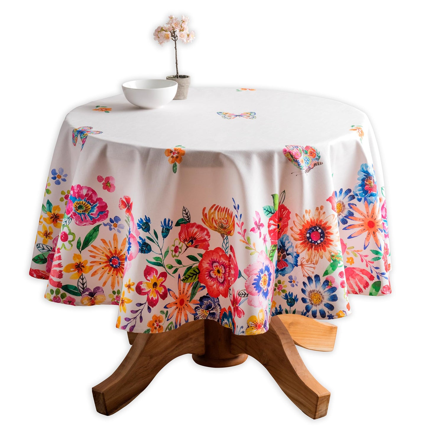 Maison d' Hermine Table Cloth Round Table 100% Cotton 63 Round Inches Tablecloth Reusable Decorative for Dining Kitchen Farmhouse Home Gifts for Mothers Day Spring Summer- Happy Florals -High Summer