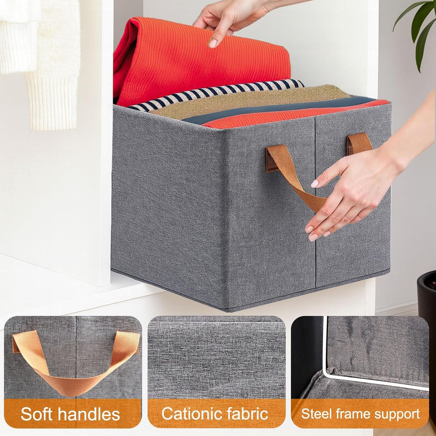 Skiennix Storage Cubes Organizer - Collapsible Fabric Bins with Reinforced Steel Frame | Gray, 18.5"x11"x7.9" - Ideal for Closet, Office, Toys & Books