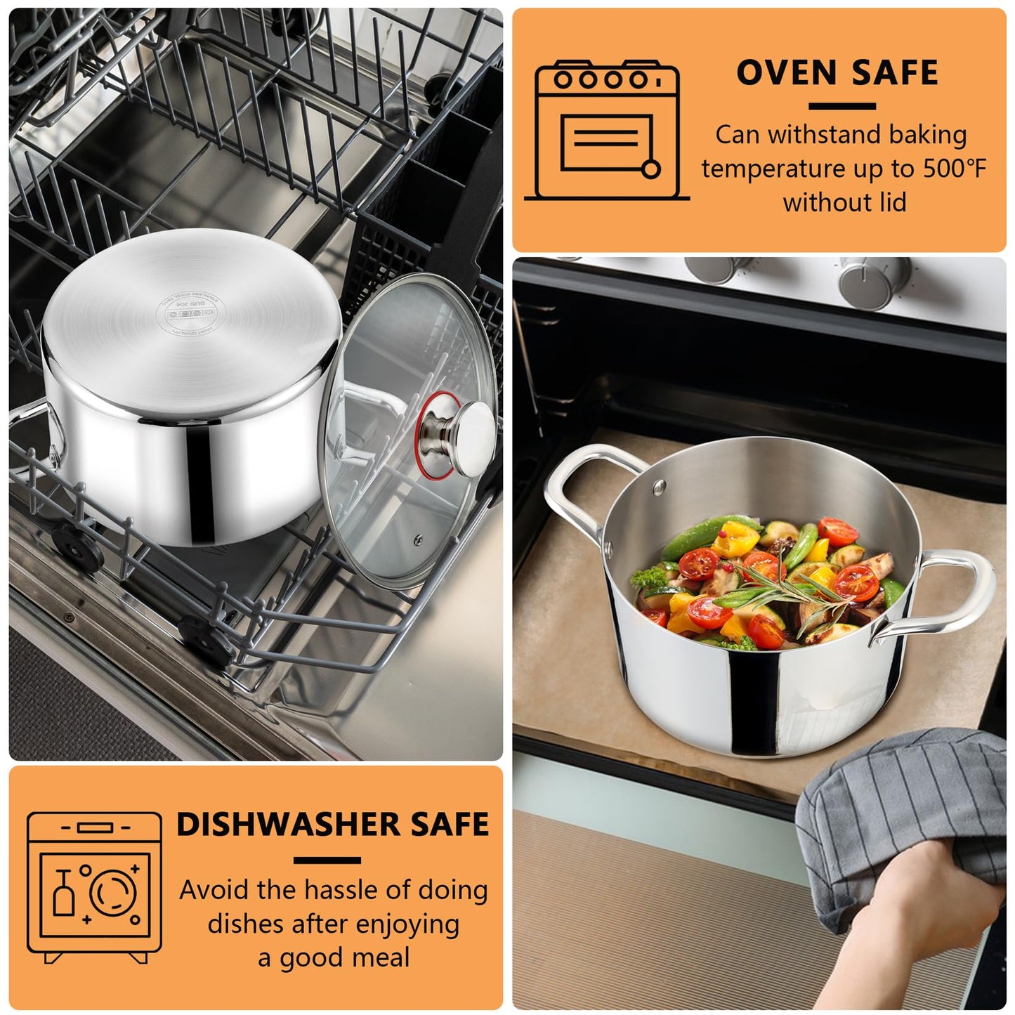 P&P CHEF 4 Quart Tri-Ply Stainless Steel Stock Pot, 4 Qt Stockpot Pasta Cooking Pot with Visible Lid for Soup Vegetable, Induction Cookware for All Stoves, Sturdy & Double Handle, Dishwasher Safe