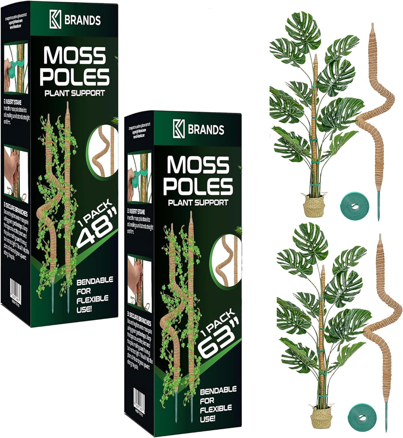 K-Brands Bendable Moss Pole Set - 48'' & 63'' Monstera Plant Support for Indoor Climbing Plants