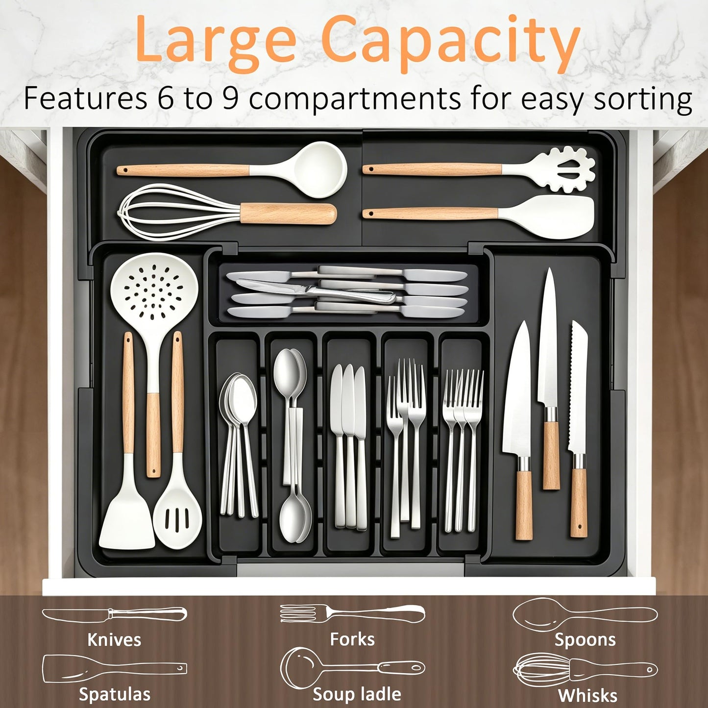 Spaclear Silverware Organizer Expandable Kitchen Utensil Drawer Organizer Large BPA Free Adjustable Cutlery Silverware Tray for Spoons Forks Knives Storage Divider for Kitchen Flatware 6-9 Slots Black
