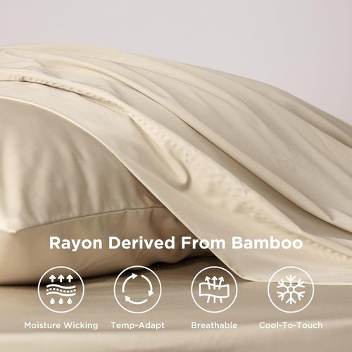Bedsure Cooling Twin XL Sheets - Breathable Rayon from Bamboo, Soft & Luxurious, Deep Pocket Up to 16 Inches, Beige