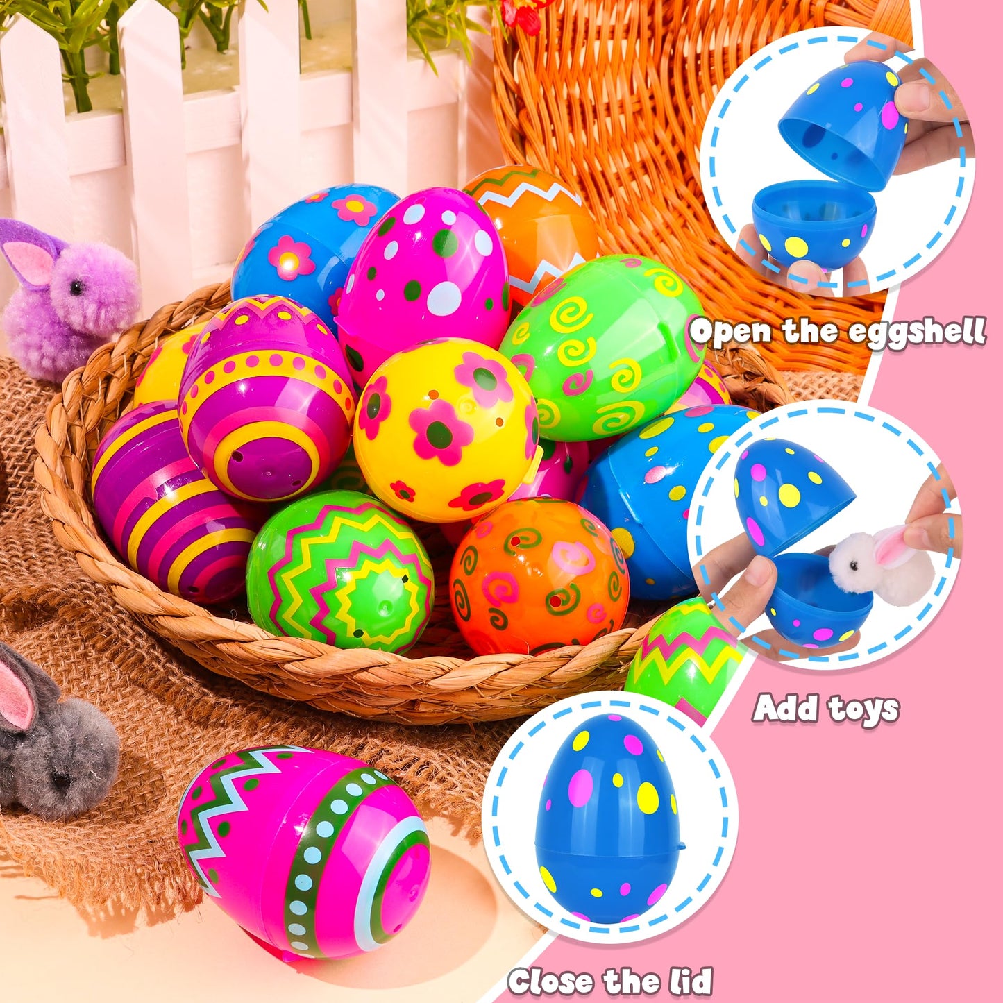 NAWITDA 36 Pack 3 Inch Large Plastic Printed Easter Eggs, Empty Fillable Eggs Bulk for Easter Egg Hunt, Easter Basket Stuffers Fillers, Classroom Prize Supplies, Filling Treats and Party Favors