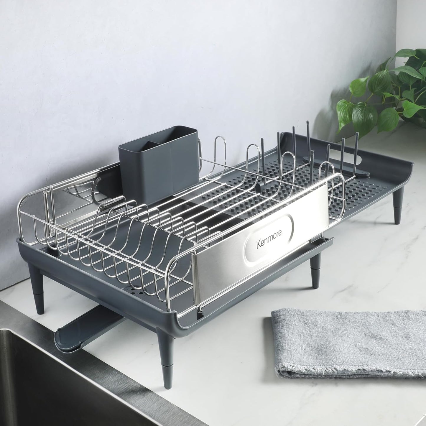 Kenmore Expandable Full Size Dish Rack - Rust Resistant with Drain Board & Flatware Caddy