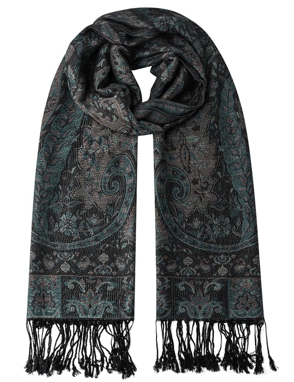 Umjetnost Womens Soft Silky Pashmina Rave Scarf Paisley Pattern Pashmina Shawl Wrap with Fringes (F Black Green)