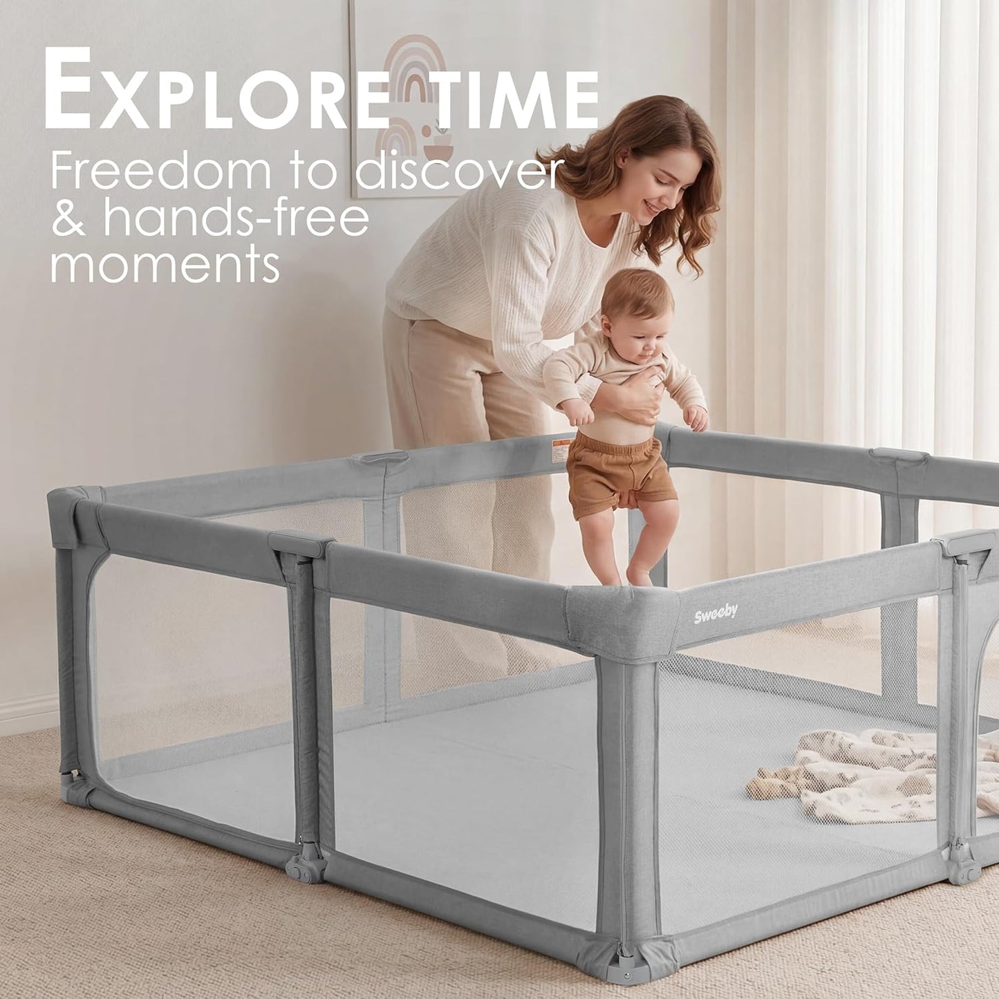 Sweeby Baby Playpen - Extra Large 59x59 Inch Foldable Play Yard with Door for Indoor/Outdoor Use - Gray