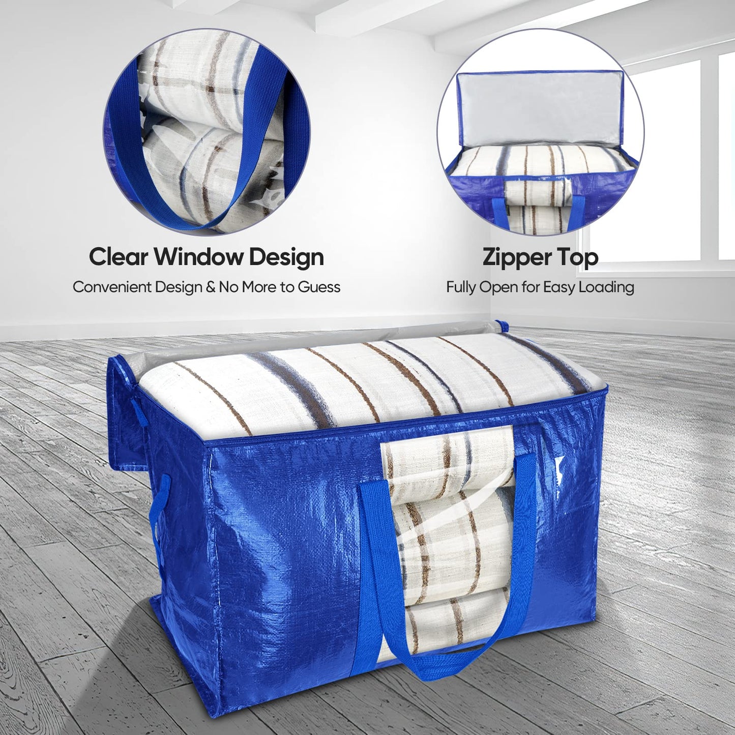 BALEINE 6-Pack Oversized Moving Bags with Reinforced Handles, Heavy-Duty Storage Tote Moving Supplies for Packaging, Camping (Blue w/Window, 6-Pack)