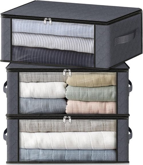 HomeHacks Clothes Organizer Storage Bags - Foldable 35L with Clear Window & Sturdy Handles | Gray 3-Pack