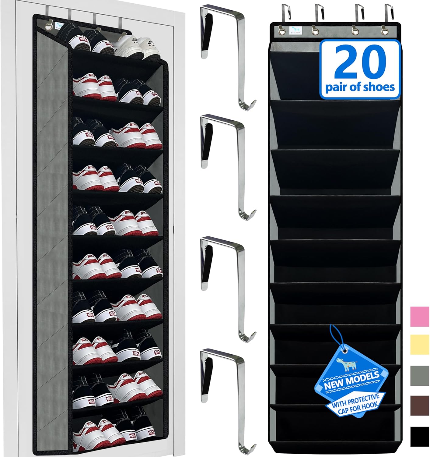 Skiennix Shoe Organizer - 70 lbs Capacity | 20-30 Pair Over The Door Rack - 10 Tiers, Grey/Black