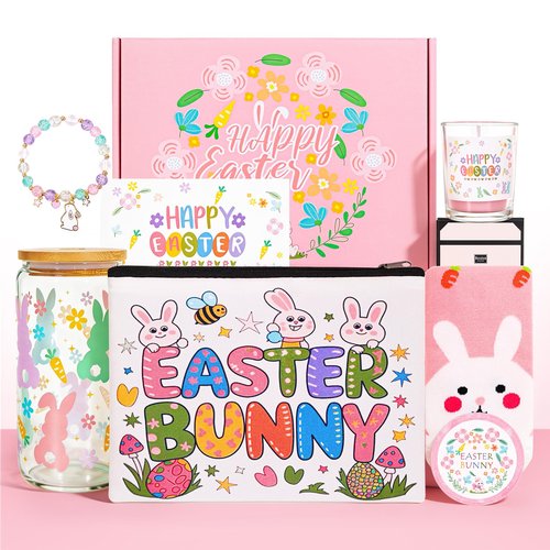 Honxicur Happy Easter Gifts Set for Women Sister Teens Adults Stuff, Easter Basket Stuffers with 16oz Glass Cup, Scented Candles, Bracelet, Makeup bag & Socks, Self Care Gifts for Women