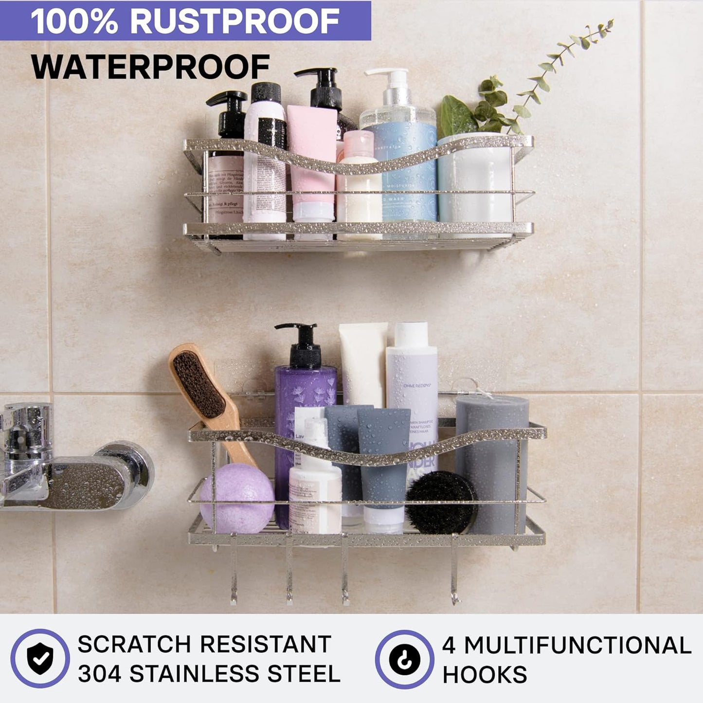 KINCMAX Premium Shower Caddy - Self-Adhesive Wall Organizer | Rustproof Stainless Steel, 2-Pack, Silver