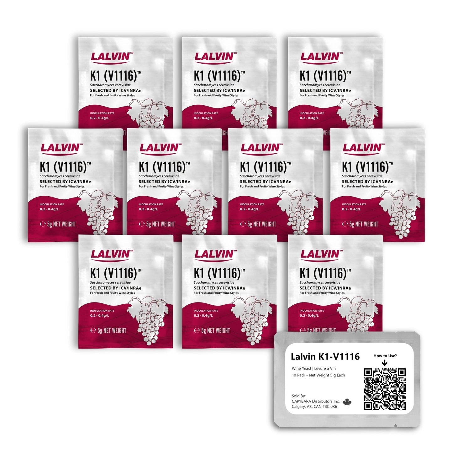 Lalvin K1-V1116 Wine Yeast (10 Pack) - Make Wine Cider Mead Kombucha At Home - 5 g Sachets - Saccharomyces cerevisiae - Sold by CAPYBARA Distributors Inc.
