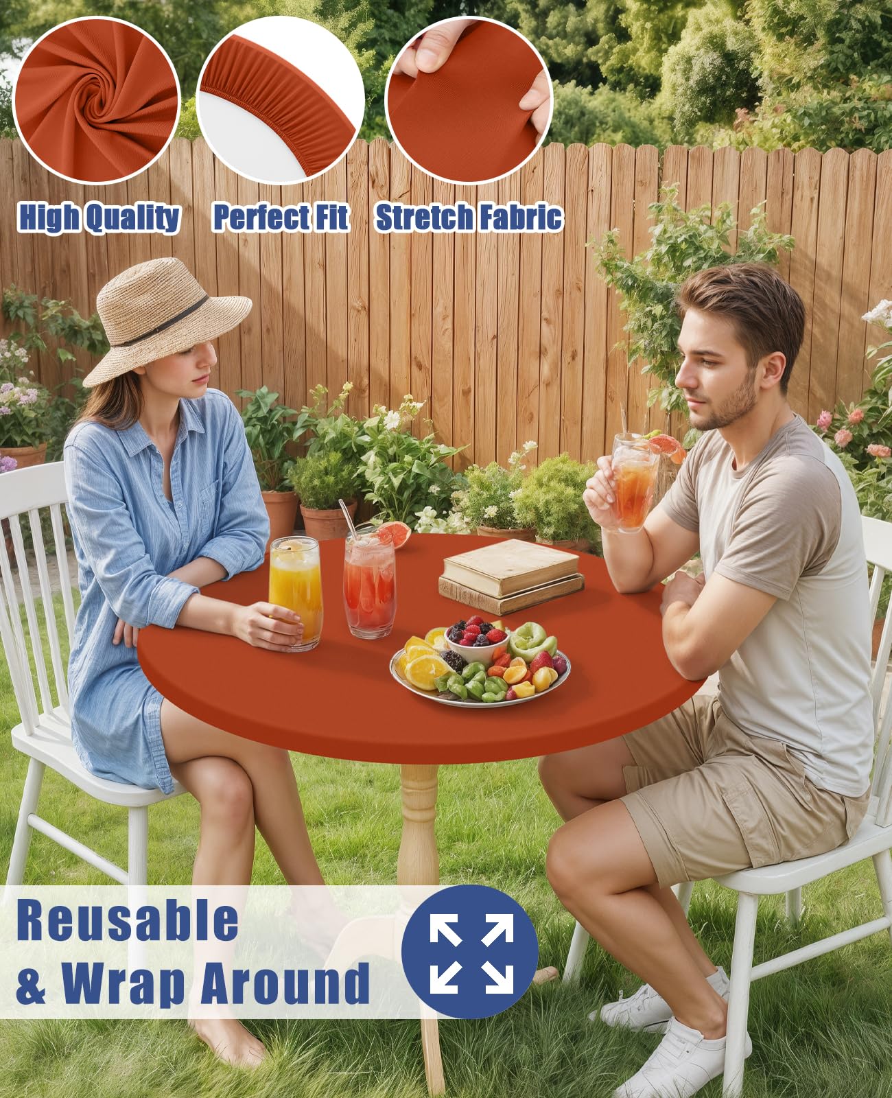 Moosfor Round Spandex Tablecloth, Elastic Fitted Waterproof Tablecloths for 57"-68" Tables, Stretch Washable Picnic Table Cover for Camping, Dining, Indoor and Outdoor, Rust