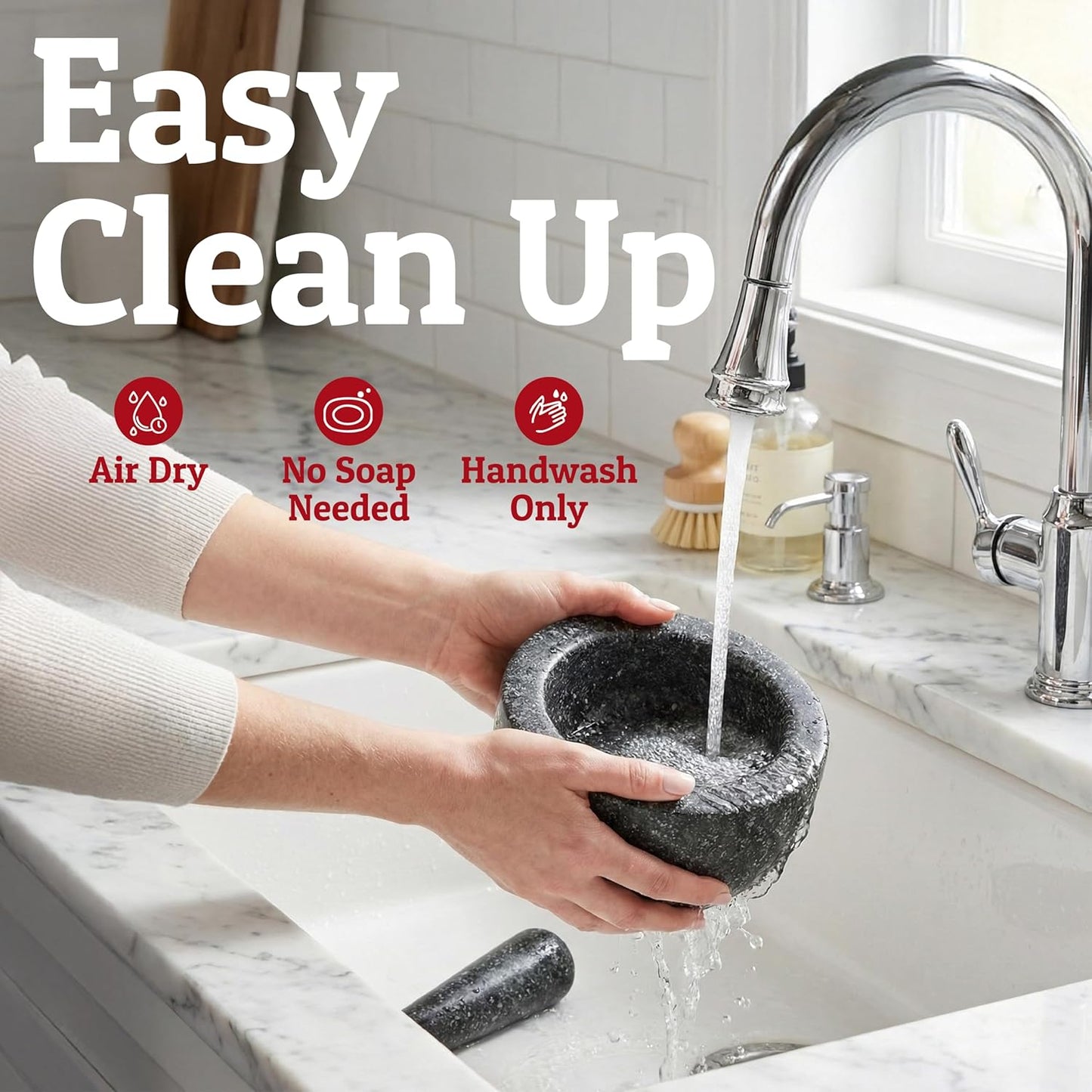 Priority Chef Heavy Duty Granite Mortar and Pestle Set - 2 Cup Capacity, Non-Slip Base, 6.3 Inch Black