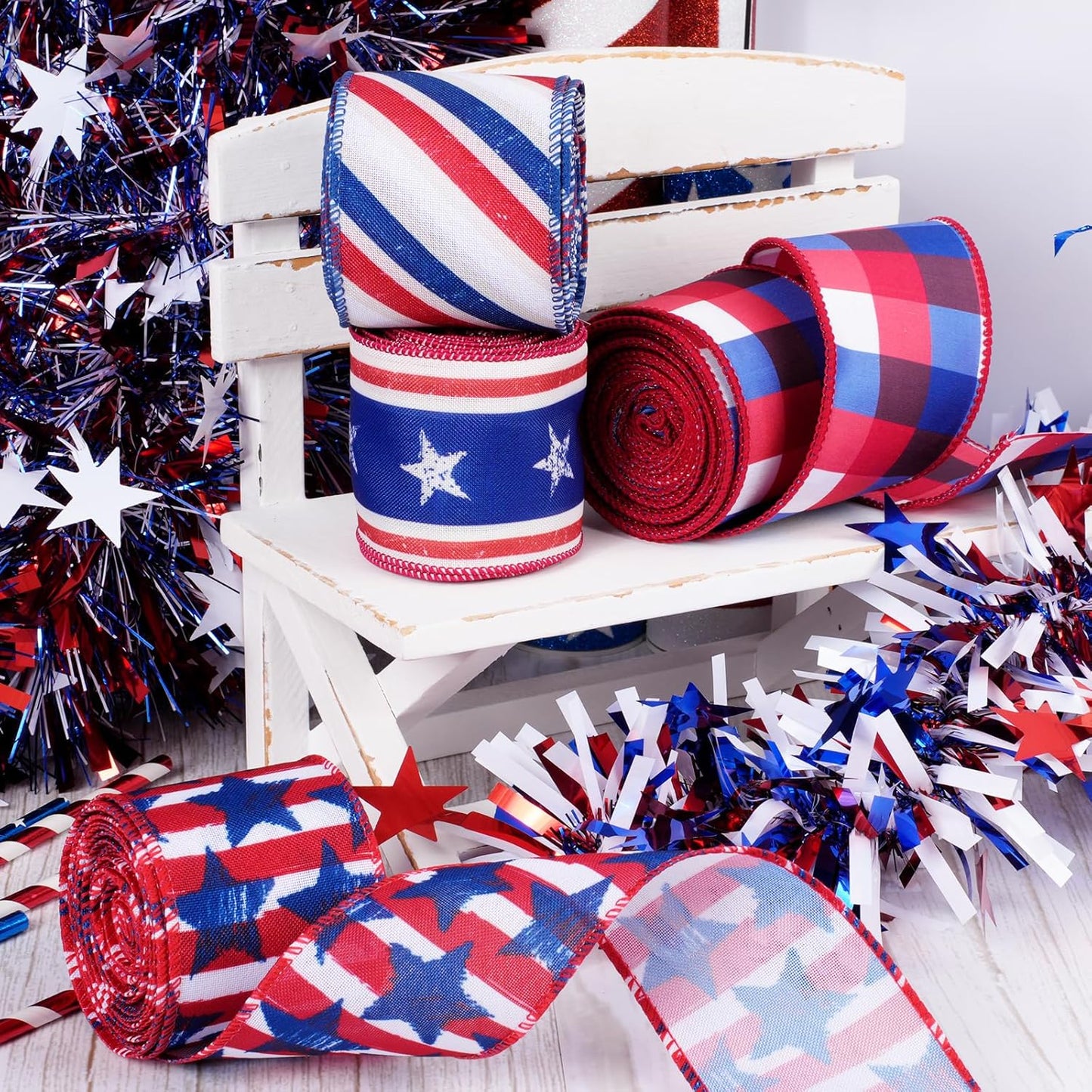 LaRibbons Patriotic Ribbon - Wired 2.5 Inch x 20 Yards | Red, White & Blue Star, Stripe & Plaid for 4th of July Decor