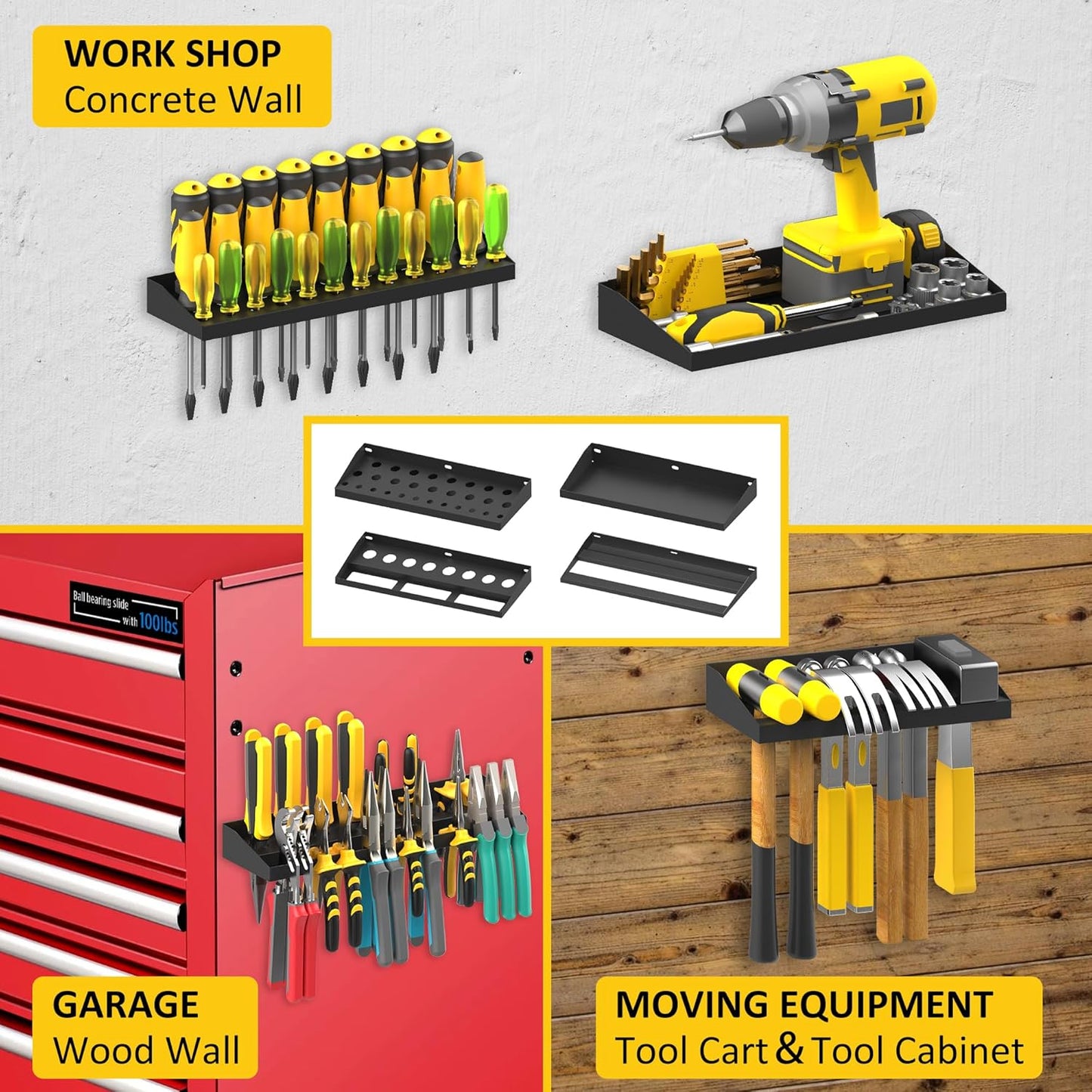 UNITEDPOWER Hand Tool Storage Set - Wall Mount Screwdriver Organizer & Pliers Holder | 4 Pack Metal Hardware Tray for Garage
