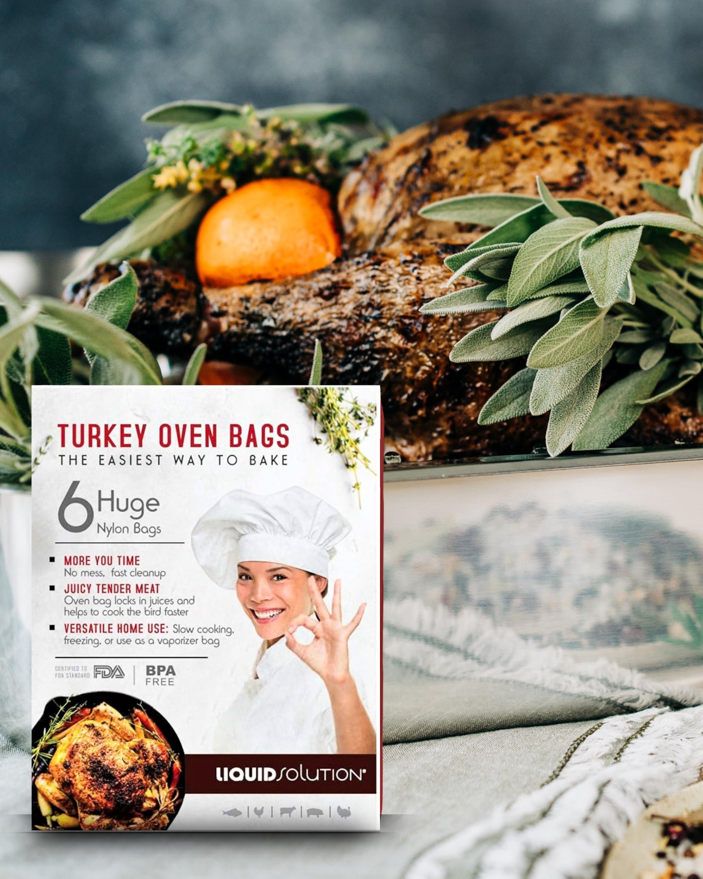 Liquid Solution Oven Bags for Perfect Roasted Turkey Chicken or Veggies, Locks In Juices and Turkey Flavoring, BPA-Free and Oven-Safe, 6 pack (19 x 23 in)