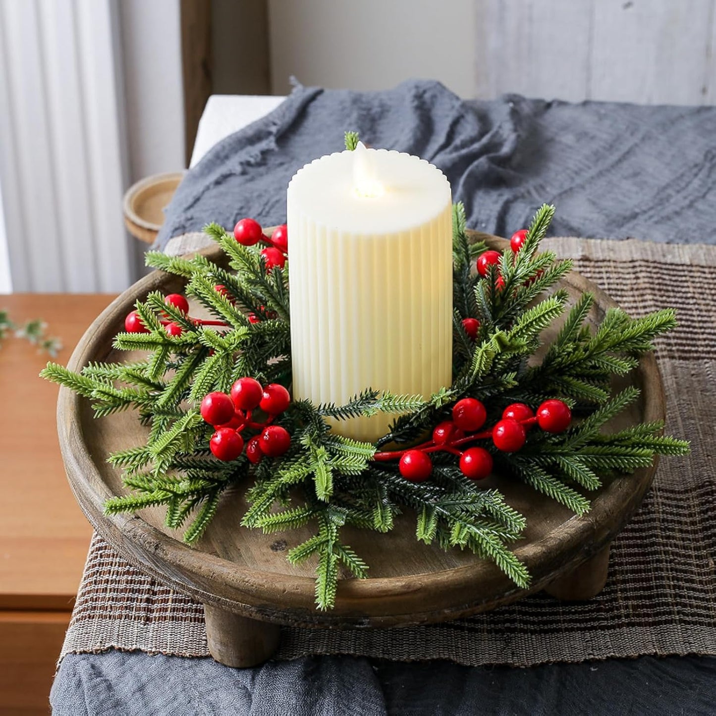 Regine Switzerland Christmas Candle Rings - Festive Red Berries & Pine Needle Wreaths | 4PCS Holiday Decor