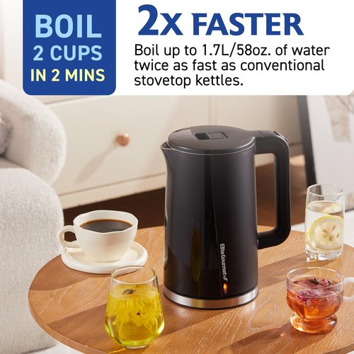 Elite Gourmet 1.7L Cool-Touch 1500W Fast Boil Electric Kettle, Fully Stainless Steel Lid & Interior BPA Free, Double Wall, Auto Shut-Off, Black