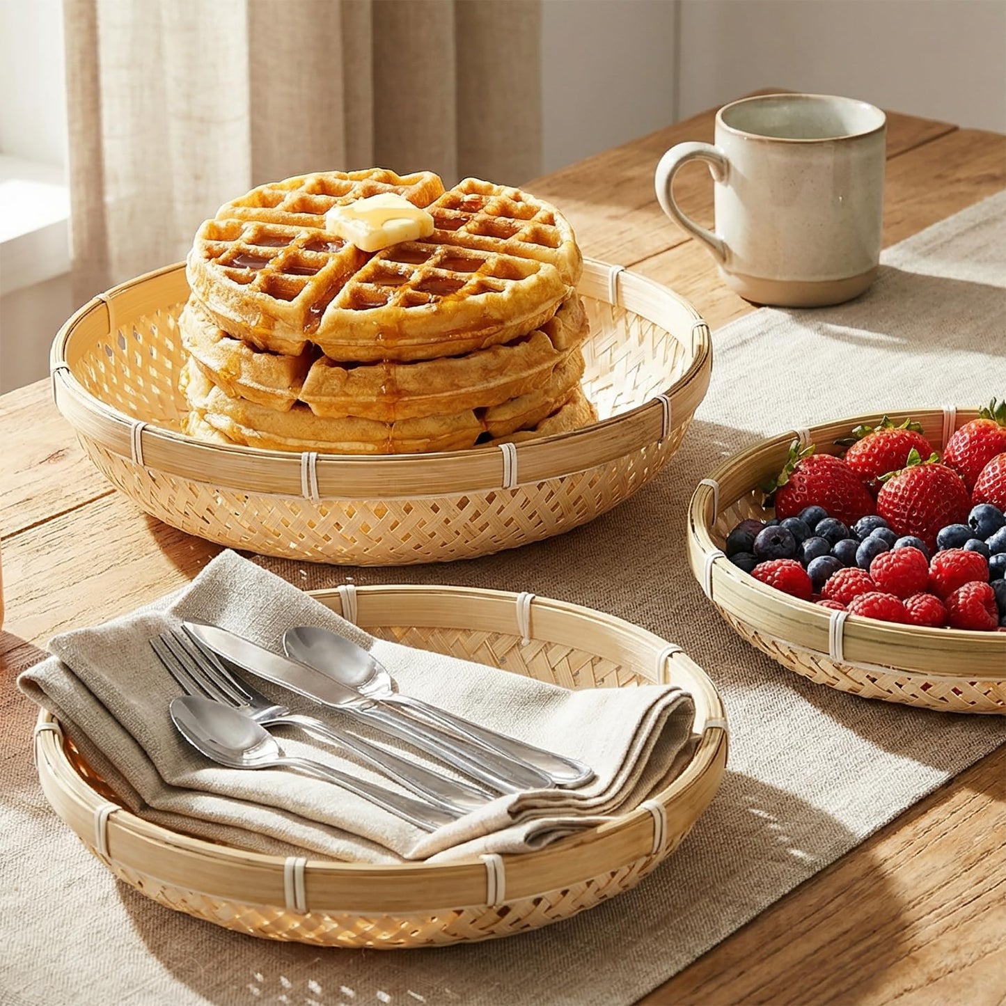 Hiceeden 3 Pack Round Bamboo Serving Trays, Decorative Wicker Basket Tray for Food, Natural Woven Shallow Tray for Fruit, Vegetables, Bread